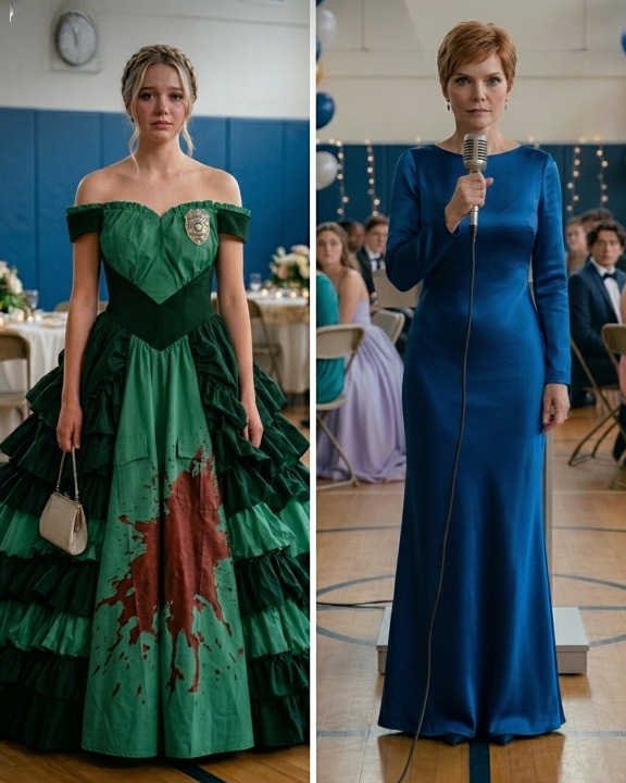 My daughter turned her late father’s uniform into her prom dress—but when a cruel classmate spilled punch all over it, the girl’s mother took the microphone and said something that left the entire gym in stunned silence.