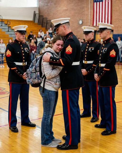 My 14-year-old daughter was given detention for standing up for her Marine father—but everything shifted when four uniformed servicemen suddenly entered the school and silence fell across the entire building.