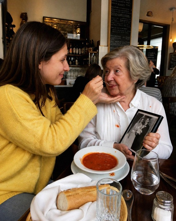 At a restaurant, I stepped in to help an elderly woman when her trembling hands caused her soup to spill—until the man nearby did something that changed the situation completely.